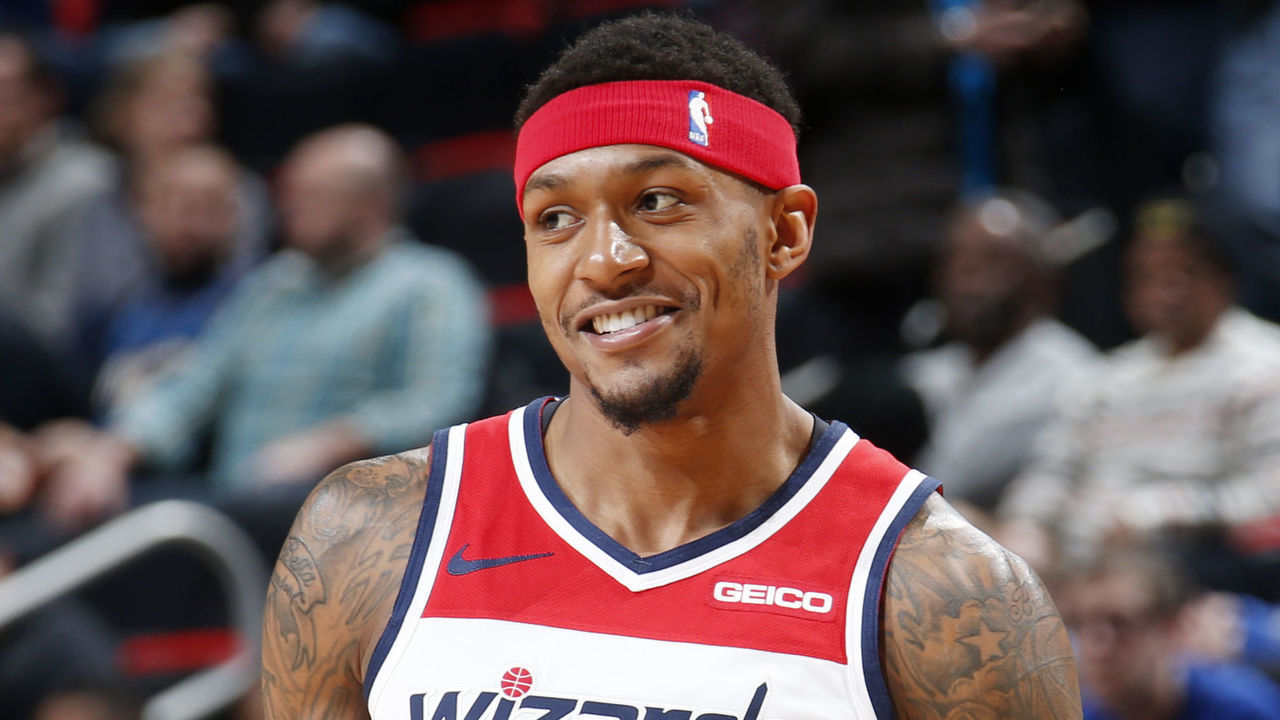 DETROIT, MI - FEBRUARY 11: Bradley Beal #3 of the Washington Wizards looks on during the game against the Detroit Pistons on February 11, 2019 at Little Caesars Arena in Detroit, Michigan. NOTE TO USER: User expressly acknowledges and agrees that, by downloading and/or using this photograph, User is consenting to the terms and conditions of the Getty Images License Agreement. Mandatory Copyright Notice: Copyright 2019 NBAE