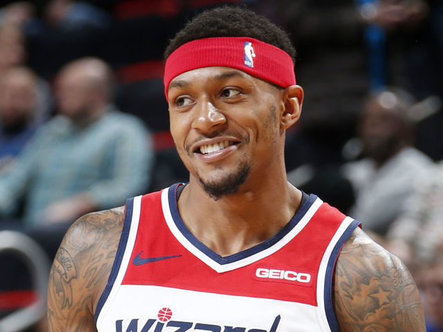 DETROIT, MI - FEBRUARY 11: Bradley Beal #3 of the Washington Wizards looks on during the game against the Detroit Pistons on February 11, 2019 at Little Caesars Arena in Detroit, Michigan. NOTE TO USER: User expressly acknowledges and agrees that, by downloading and/or using this photograph, User is consenting to the terms and conditions of the Getty Images License Agreement. Mandatory Copyright Notice: Copyright 2019 NBAE