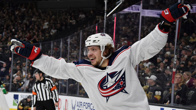 LAS VEGAS, NV - FEBRUARY 09: Artemi Panarin #9 of the Columbus Blue Jackets celebrates after scoring a goal during the second period against the Vegas Golden Knights at T-Mobile Arena on February 9, 2019 in Las Vegas, Nevada.
