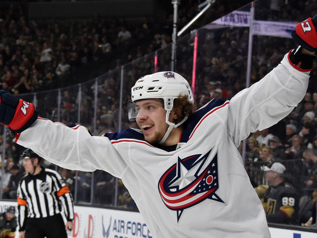 LAS VEGAS, NV - FEBRUARY 09: Artemi Panarin #9 of the Columbus Blue Jackets celebrates after scoring a goal during the second period against the Vegas Golden Knights at T-Mobile Arena on February 9, 2019 in Las Vegas, Nevada.