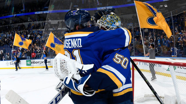 ST. LOUIS, MO - FEBRUARY 12: Vladimir Tarasenko #91 of the St. Louis Blues and Jordan Binnington #50 of the St. Louis Blues celebrate their victory over the New Jersey Devils at Enterprise Center on February 12, 2019 in St. Louis, Missouri.