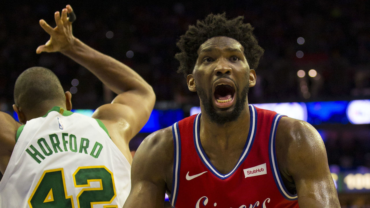 PHILADELPHIA, PA - FEBRUARY 12: Joel Embiid #21 of the Philadelphia 76ers reacts after not receiving a foul on a shot against Al Horford #42 of the Boston Celtics in the fourth quarter at the Wells Fargo Center on February 12, 2019 in Philadelphia, Pennsylvania. The Celtics defeated the 76ers 112-109.