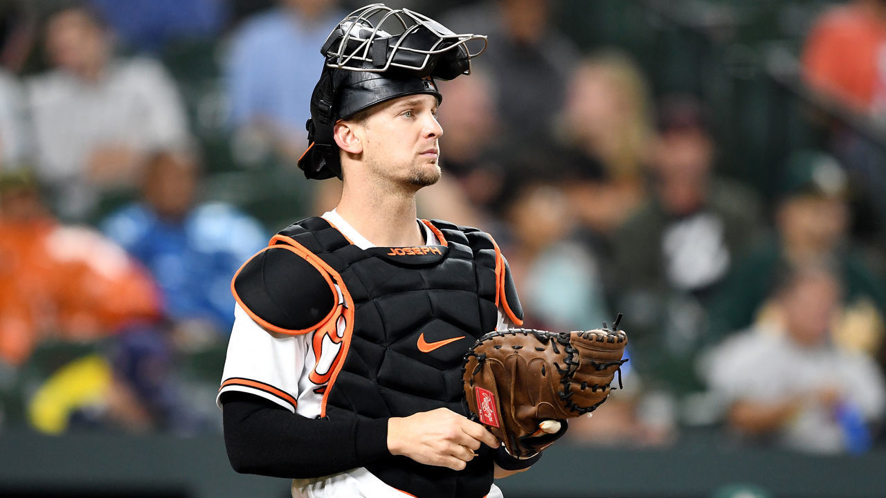 BALTIMORE, MD - SEPTEMBER 11: Caleb Joseph #36 of the Baltimore Orioles catches against the Oakland Athletics at Oriole Park at Camden Yards on September 11, 2018 in Baltimore, Maryland.