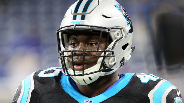 Carolina Panthers fullback Alex Armah (40) looks onto the field during warmups before the first half of an NFL football game against the Carolina Panthers in Detroit, Michigan USA, on Sunday, November 18, 2018.
