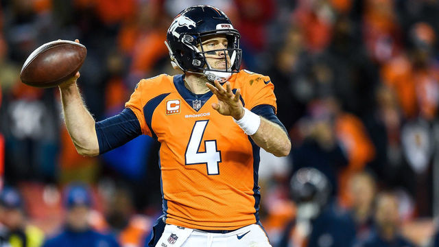 DENVER, CO - DECEMBER 30: Quarterback Case Keenum #4 of the Denver Broncos passes against the Los Angeles Chargers in the fourth quarter of a game at Broncos Stadium at Mile High on December 30, 2018 in Denver, Colorado.