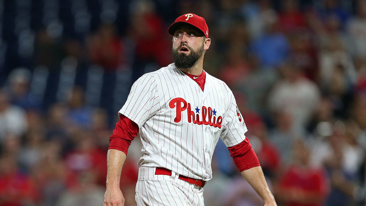 PHILADELPHIA, PA - SEPTEMBER 15: Pat Neshek #93 of the Philadelphia Phillies in action against the Miami Marlins during a game at Citizens Bank Park on September 15, 2018 in Philadelphia, Pennsylvania.