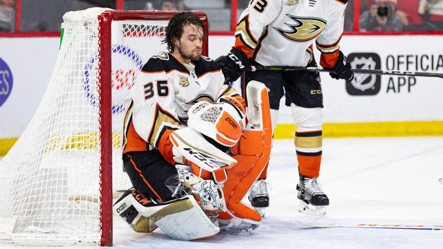 OTTAWA, ON - FEBRUARY 07: Anaheim Ducks Goalie John Gibson (36) recovers after a collision with Anaheim Ducks Defenceman Jaycob Megna (43) during second period National Hockey League action between the Anaheim Ducks and Ottawa Senators on February 7, 2019, at Canadian Tire Centre in Ottawa, ON, Canada.