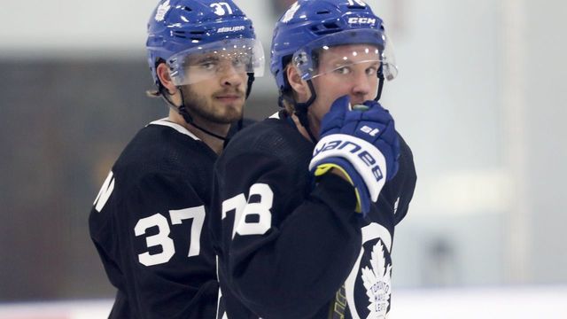 TORONTO, ON - September 6: Timothy Liljegren (37) and Rasmus Sandin (78) look around during a drill. Toronto Maple Leafs rookies skated at their training facility, the MCC before heading to Montreal for tournament. (Toronto Star/Toronto Star via Getty Images)