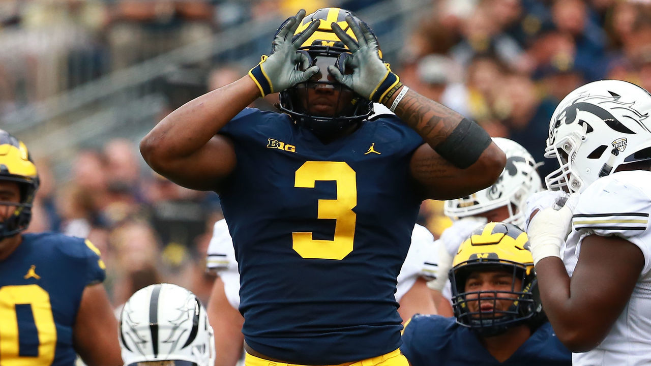 ANN ARBOR, MI - SEPTEMBER 08: Rashan Gary #3 of the Michigan Wolverines reacts to a sack against the Western Michigan Broncos at Michigan Stadium on September 8, 2018 in Ann Arbor, Michigan.