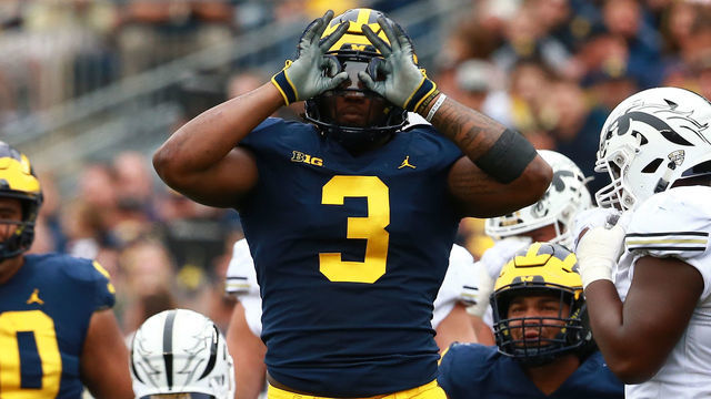 ANN ARBOR, MI - SEPTEMBER 08: Rashan Gary #3 of the Michigan Wolverines reacts to a sack against the Western Michigan Broncos at Michigan Stadium on September 8, 2018 in Ann Arbor, Michigan.