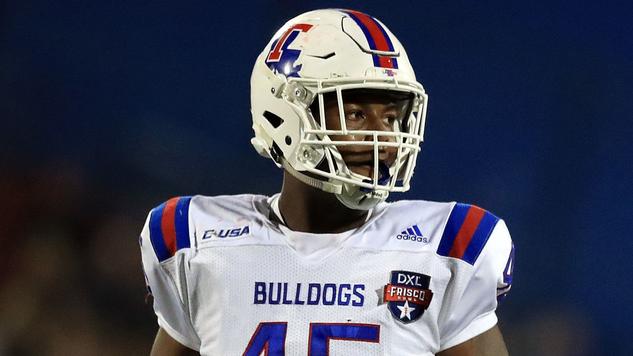 FRISCO, TX - DECEMBER 20: Jaylon Ferguson #45 of the Louisiana Tech Bulldogs during the 2017 DXL Frisco Bowl on December 20, 2017 in Frisco, Texas.