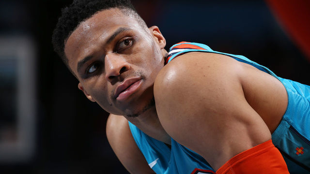 OKLAHOMA CITY, OK - FEBRUARY 5: Russell Westbrook #0 of the Oklahoma City Thunder looks on during the game against the Orlando Magic on February 5, 2019 at the Chesapeake Energy Arena in Oklahoma City, Oklahoma. Mandatory Copyright Notice: Copyright 2019 NBAE