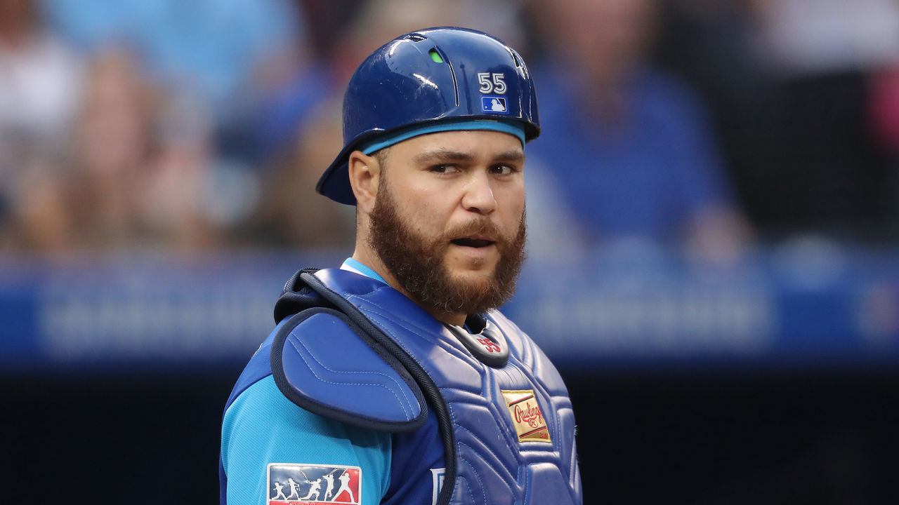 TORONTO, ON - AUGUST 24: Russell Martin #55 of the Toronto Blue Jays looks on from behind home plate on Players Weekend during MLB game action against the Philadelphia Phillies at Rogers Centre on August 24, 2018 in Toronto, Canada.