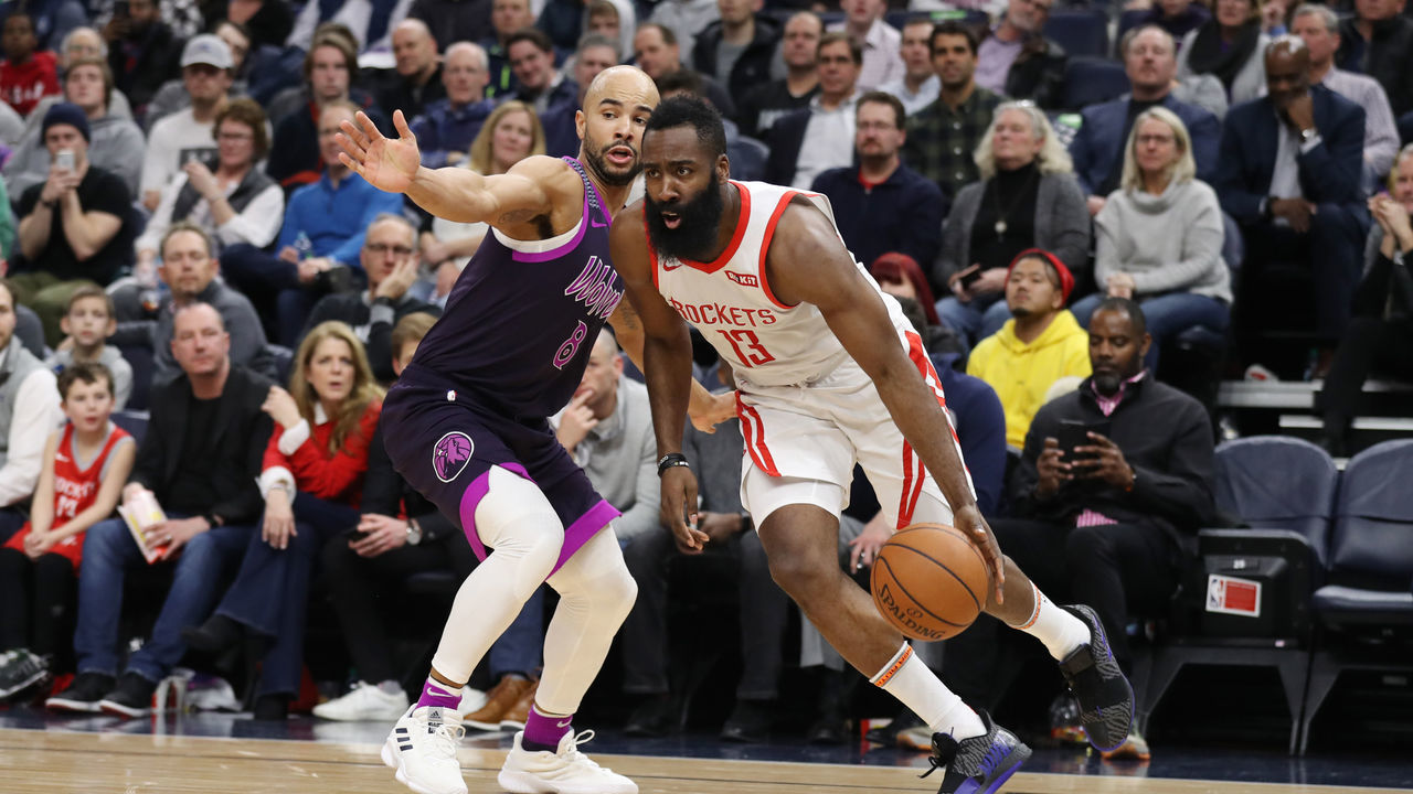 MINNEAPOLIS, MN - FEBRUARY 13: James Harden #13 of the Houston Rockets handles the ball against Jerryd Bayless #8 of the Minnesota Timberwolves on February 13, 2019 at Target Center in Minneapolis, Minnesota. Mandatory Copyright Notice: Copyright 2019 NBAE