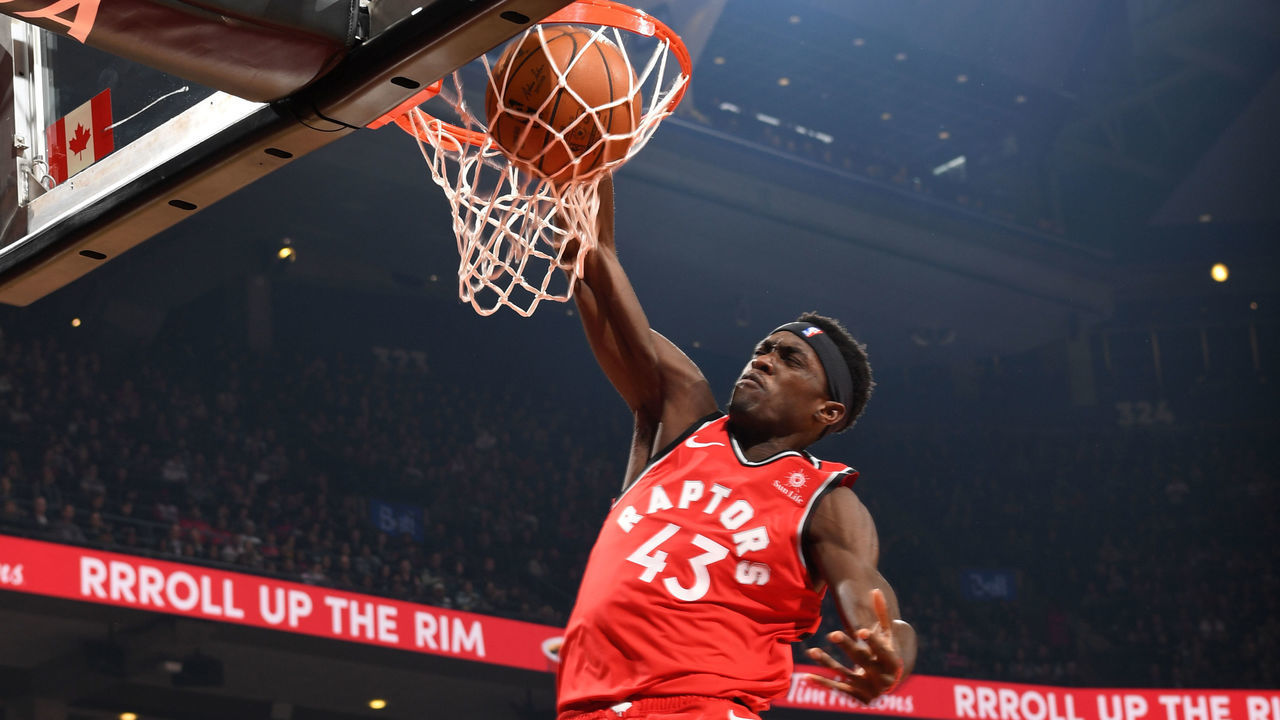 TORONTO, CANADA - FEBRUARY 13: Pascal Siakam #43 of the Toronto Raptors dunks against the Washington Wizards on February 13, 2019 at the Scotiabank Arena in Toronto, Ontario, Canada. Mandatory Copyright Notice: Copyright 2019 NBAE