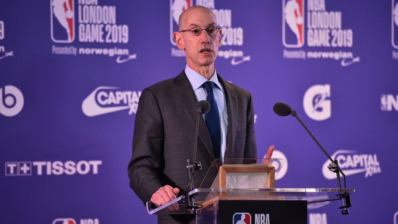NBA commissioner Adam Silver speaks ahead of the NBA London Game 2019 basketball game between Washington Wizards and New York Knicks at the O2 Arena in London on January 17, 2019.