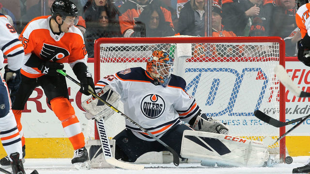 PHILADELPHIA, PA - FEBRUARY 02: James van Riemsdyk #25 of the Philadelphia Flyers takes a shot on goal against Cam Talbot #33 of the Edmonton Oilers on February 2, 2019 at the Wells Fargo Center in Philadelphia, Pennsylvania.