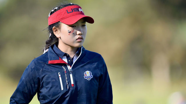 PARIS, FRANCE - SEPTEMBER 25: Lucy Li of Team USA looks on during the singles on day two of the 2018 Junior Ryder Cup at Disneyland Paris on September 25, 2018 in Paris, France.