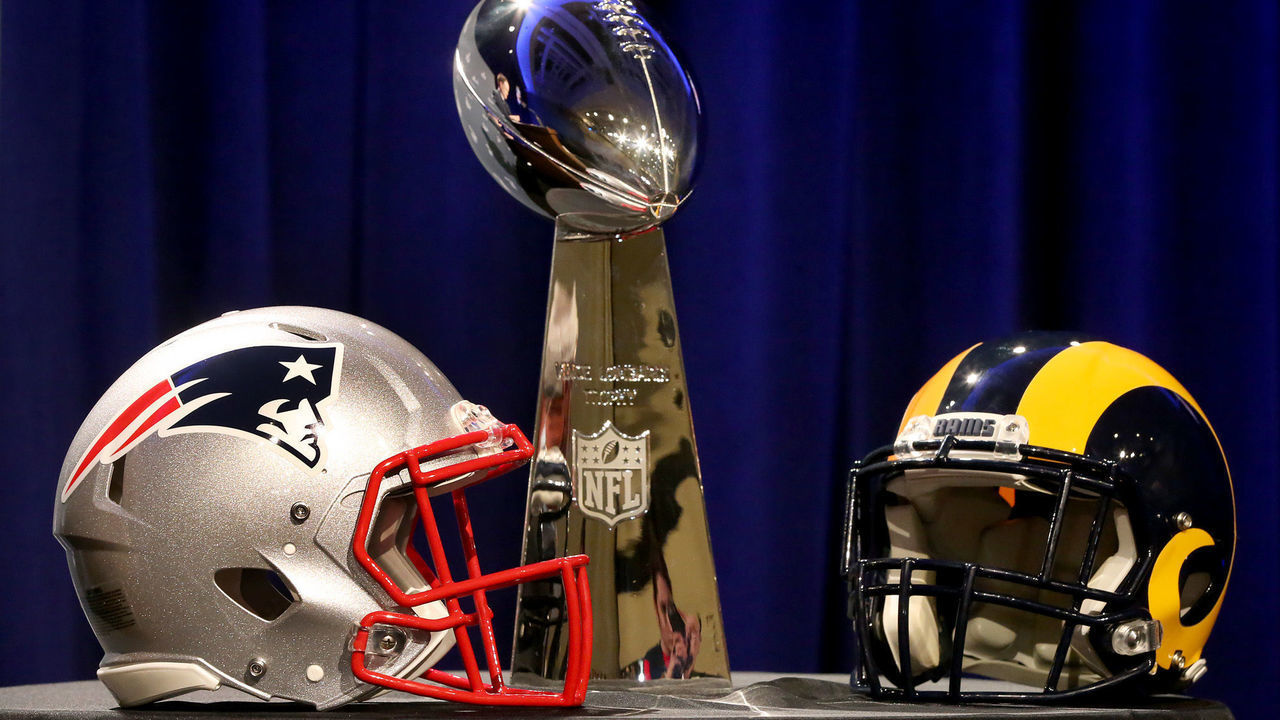 ATLANTA GA. - JANUARY 30: Patriots and Rams helmets and the Lombardi trophy on display during NFL Commissioner Roger Goodell's media availability on January 30, 2019 in Atlanta, GA. (Staff Photo By Nancy Lane/MediaNews Group/Boston Herald)