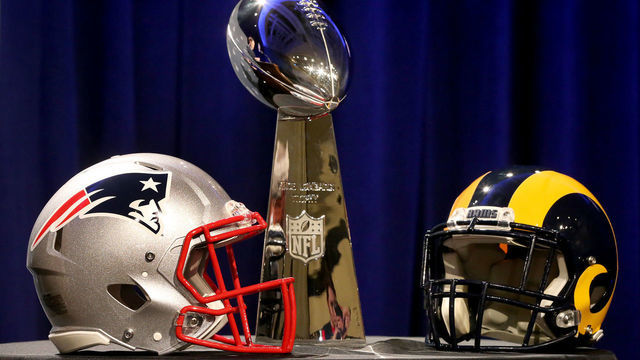 ATLANTA GA. - JANUARY 30: Patriots and Rams helmets and the Lombardi trophy on display during NFL Commissioner Roger Goodell's media availability on January 30, 2019 in Atlanta, GA. (Staff Photo By Nancy Lane/MediaNews Group/Boston Herald)
