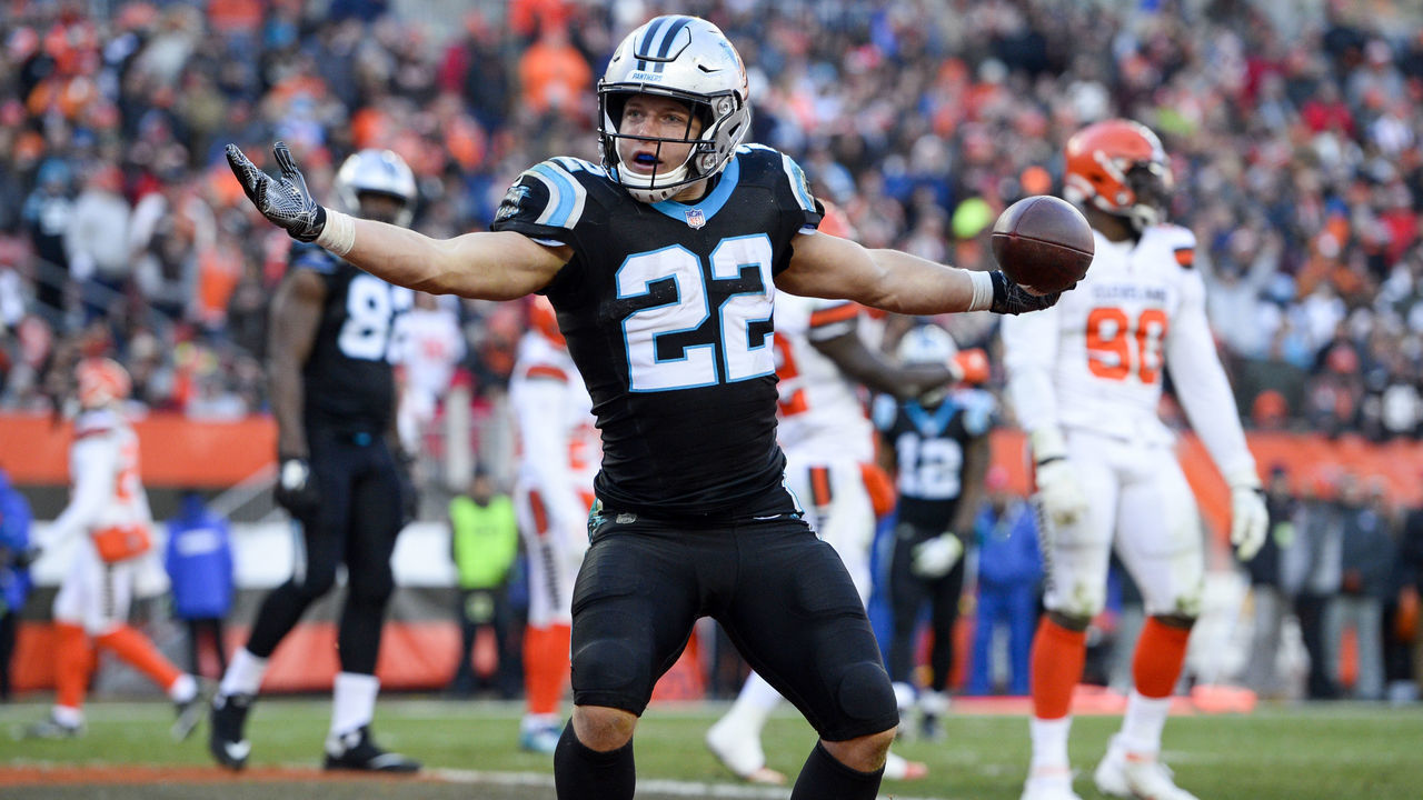 CLEVELAND, OH - DECEMBER 9, 2018: Running back Christian McCaffrey #22 of the Carolina Panthers celebrates after scoring a rushing touchdown in the third quarter of a game against the Cleveland Browns on December 9, 2018 at FirstEnergy Stadium in Cleveland, Ohio. The play was nullified due to a penalty. Cleveland won 26-20. (Photo by: 2018 Nick Cammett/Diamond Images/Getty Images)