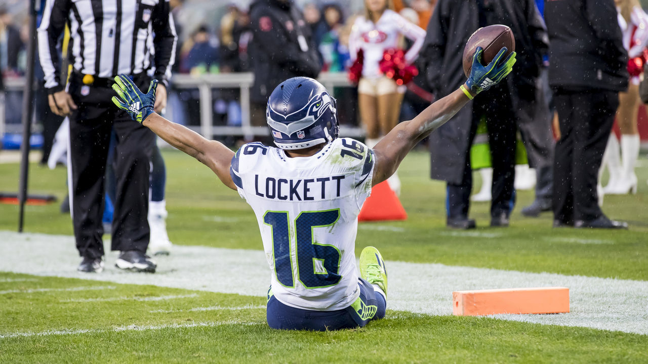 SAN FRANCISCO, CA - DECEMBER 16: Seattle Seahawks Wide Receiver Tyler Lockett (16) thinks it is a touchdown during the NFL football game between the Seattle Seahawks and San Francisco 49ers on December 16, 2018 at Levi's Stadium in Santa Clara, CA.
