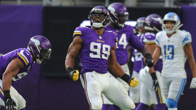 MINNEAPOLIS, MN - NOVEMBER 4: (L-R) Everson Griffen #97 and Danielle Hunter #99 of the Minnesota Vikings celebrate Hunters sack of Matthew Stafford #9 of the Detroit Lions in the first half at U.S. Bank Stadium on November 4, 2018 in Minneapolis, Minnesota.