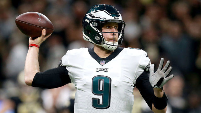 NEW ORLEANS, LOUISIANA - JANUARY 13: Nick Foles #9 of the Philadelphia Eagles attempts a pass during the first quarter against the New Orleans Saints in the NFC Divisional Playoff Game at Mercedes Benz Superdome on January 13, 2019 in New Orleans, Louisiana.