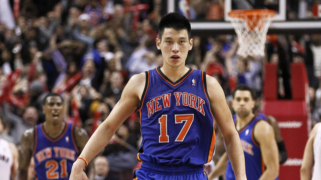 TORONTO, CANADA - FEBRUARY 14: (NY DAILY NEWS OUT) Jeremy Lin #17 of the New York Knicks reacts after a game-winning three-pointer over Jose Calderon #8 of the Toronto Raptors at the Air Canada Centre February 14, 2012 in Toronto, Ontario, Canada. NOTE TO USER: User expressly acknowledges and agrees that, by downloading and/or using this Photograph, user is consenting to the terms and conditions of the Getty Images License Agreement.