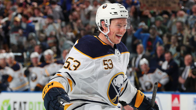 BUFFALO, NY - FEBRUARY 7: Jeff Skinner #53 of the Buffalo Sabres celebrates his third period goal during an NHL game against the Carolina Hurricanes on February 7, 2019 at KeyBank Center in Buffalo, New York.