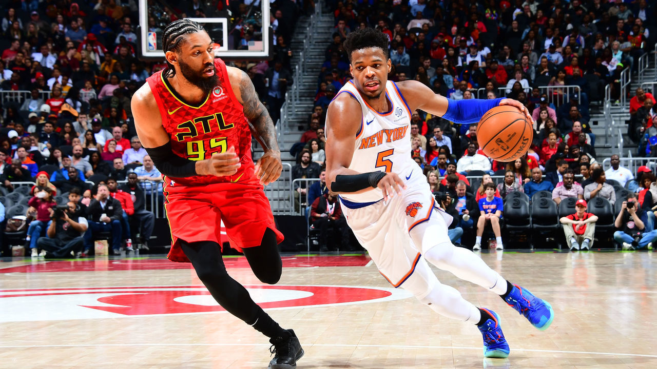 ATLANTA, GA - FEBRUARY 14: Dennis Smith Jr. #5 of the New York Knicks handles the ball against the Atlanta Hawks on February 14, 2019 at State Farm Arena in Atlanta, Georgia. NOTE TO USER: User expressly acknowledges and agrees that, by downloading and/or using this Photograph, user is consenting to the terms and conditions of the Getty Images License Agreement. Mandatory Copyright Notice: Copyright 2019 NBAE