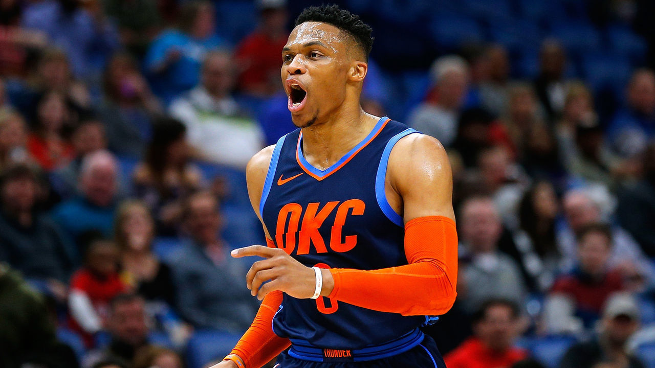 NEW ORLEANS, LOUISIANA - FEBRUARY 14: Russell Westbrook #0 of the Oklahoma City Thunder reacts during the first half against the New Orleans Pelicans at the Smoothie King Center on February 14, 2019 in New Orleans, Louisiana.