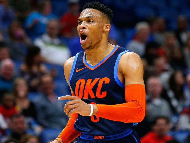 NEW ORLEANS, LOUISIANA - FEBRUARY 14: Russell Westbrook #0 of the Oklahoma City Thunder reacts during the first half against the New Orleans Pelicans at the Smoothie King Center on February 14, 2019 in New Orleans, Louisiana.
