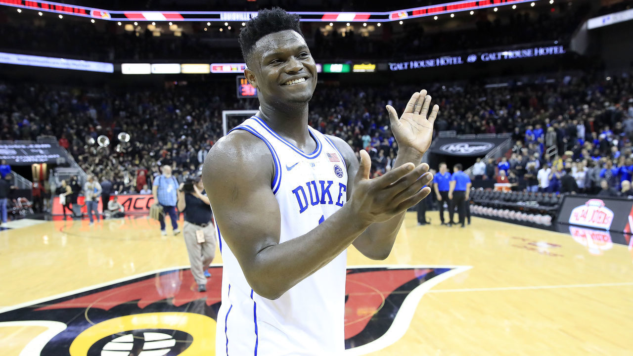 LOUISVILLE, KENTUCKY - FEBRUARY 12: Zion Williamson #1 of the Duke Blue Devils celebrates after the 71-69 win over the Louisville Cardinals at KFC YUM! Center on February 12, 2019 in Louisville, Kentucky.