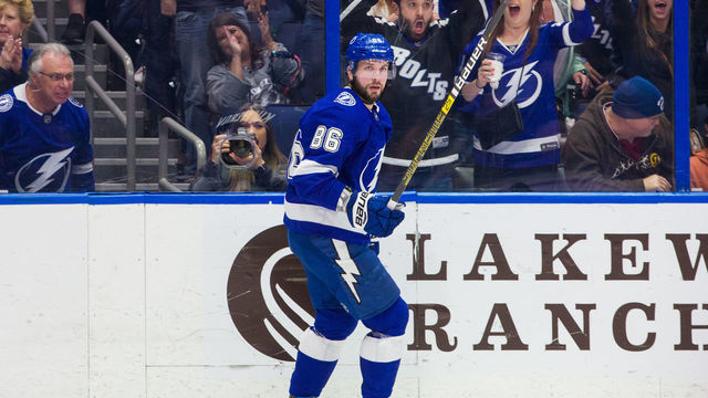 TAMPA, FL - FEBRUARY 14: Nikita Kucherov #86 of the Tampa Bay Lightning celebrates his goal against the Dallas Stars in the first period at Amalie Arena on February 14, 2019 in Tampa, Florida.