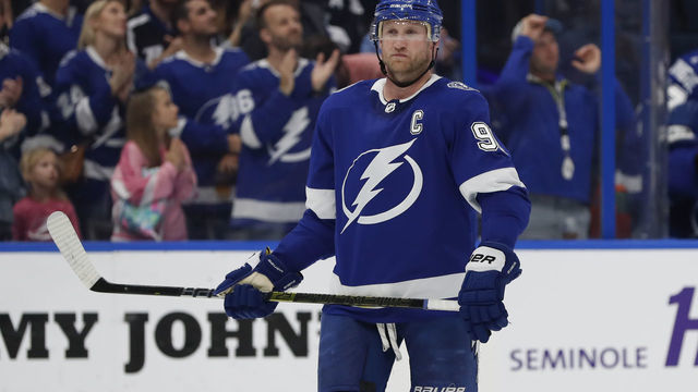 TAMPA, FL - FEBRUARY 12: Tampa Bay Lightning center Steven Stamkos (91) skates during the NHL game between the Calgary Flames and Tampa Bay Lightning on February 12, 2019 at Amalie Arena in Tampa, FL.