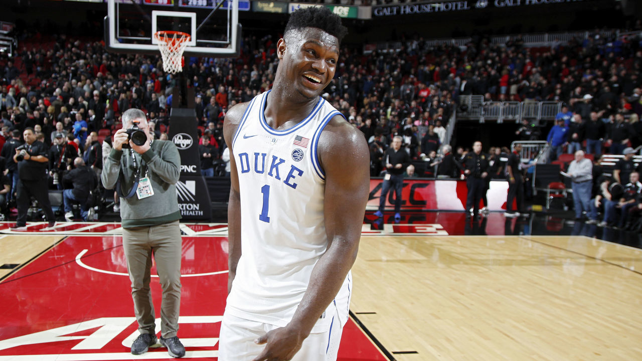LOUISVILLE, KY - FEBRUARY 12: Zion Williamson #1 of the Duke Blue Devils reacts after the game against the Louisville Cardinals at KFC YUM! Center on February 12, 2019 in Louisville, Kentucky. Duke came from behind to win 71-69.