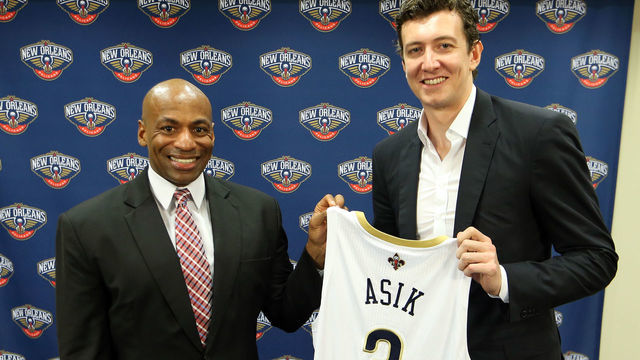 METAIRIE, LA - MARCH 17: The New Orleans Pelicans center Omer Asik is introduced to the media by General Manager Dell Demps after the team announced Asik had been acquired from the Houston Rockets in a three-team trade on July 15, 2014 at the New Orleans practice facility in Metairie, Louisiana. Mandatory Copyright Notice: Copyright 2014 NBAE