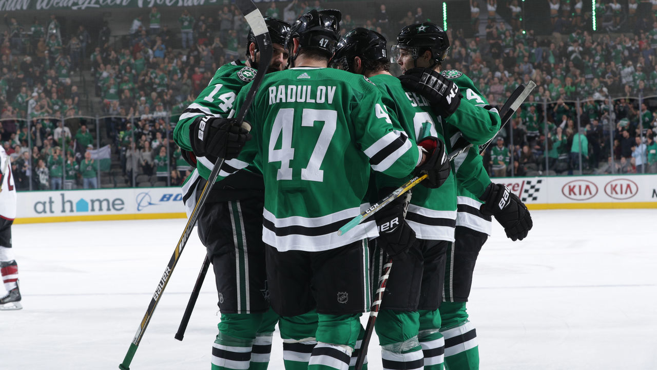 DALLAS, TX - FEBRUARY 4: Alexander Radulov #47 and the Dallas Stars celebrate a goal against the Arizona Coyotes at the American Airlines Center on February 4, 2019 in Dallas, Texas.