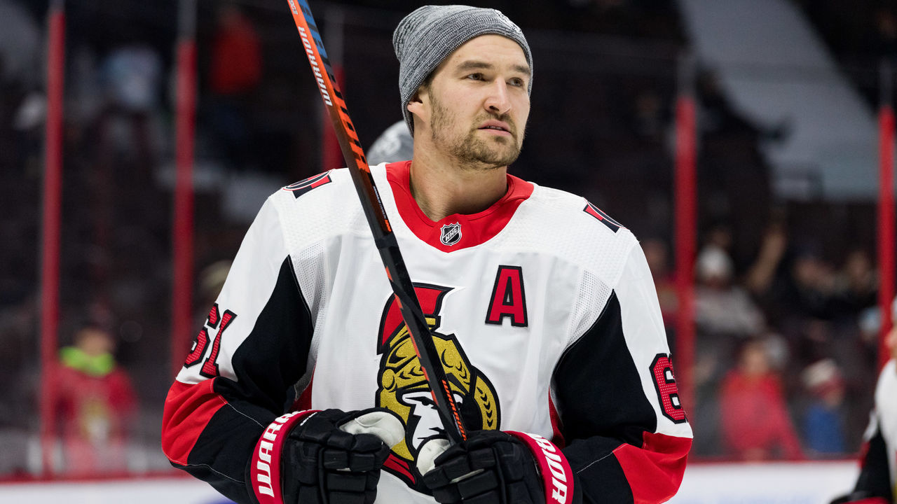 OTTAWA, ON - FEBRUARY 12: Ottawa Senators Right Wing Mark Stone (61) during warm-up before National Hockey League action between the Carolina Hurricanes and Ottawa Senators on February 12, 2019, at Canadian Tire Centre in Ottawa, ON, Canada.