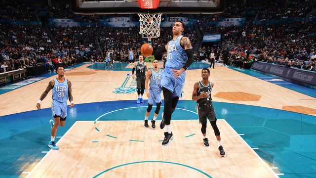 CHARLOTTE, NC - FEBRUARY 15: Kyle Kuzma #0 of the U.S. Team dunks the ball against the World Team during the 2019 Mtn Dew ICE Rising Stars Game on February 15, 2019 at the Spectrum Center in Charlotte, North Carolina. NOTE TO USER: User expressly acknowledges and agrees that, by downloading and/or using this photograph, user is consenting to the terms and conditions of the Getty Images License Agreement. Mandatory Copyright Notice: Copyright 2019 NBAE