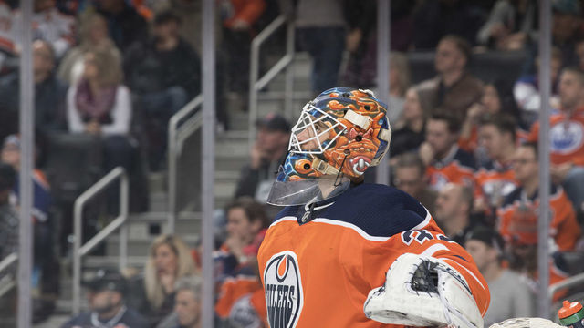 EDMONTON, AB - FEBRUARY 9: Goaltender Cam Talbot #33 of the Edmonton Oilers skates during the game against the San Jose Sharks on February 9, 2019 at Rogers Place in Edmonton, Alberta, Canada.