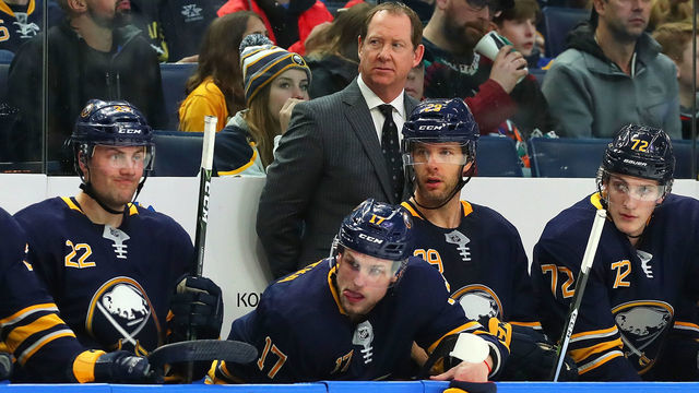BUFFALO, NY - DECEMBER 13: Phil Housley head coach of the Buffalo Sabres during the second period against the Arizona Coyotes at the KeyBank Center on December 13, 2018 in Buffalo, New York.