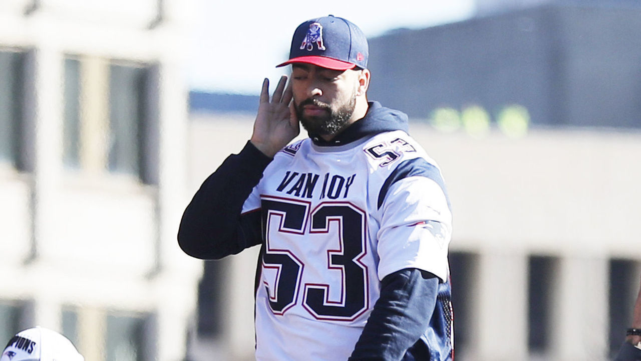 BOSTON, MA - FEBRUARY 05: New England Patriots linebacker Kyle Van Noy (53) asks for noise during the New England Patriots Super Bowl Victory Parade on February 5. 2019, through the streets of Boston, Massachusetts.