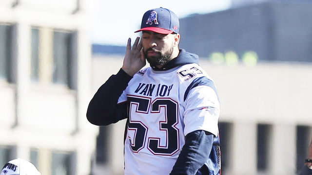 BOSTON, MA - FEBRUARY 05: New England Patriots linebacker Kyle Van Noy (53) asks for noise during the New England Patriots Super Bowl Victory Parade on February 5. 2019, through the streets of Boston, Massachusetts.