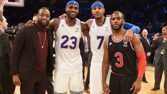 NEW YORK, NY - FEBRUARY 15: Dwyane Wade #3, LeBron James #23, Carmelo Anthony #7 of the Eastern Conference pose for a photo with Chris Paul #3 of the Western Conference after the 64th NBA All-Star Game presented by KIA as part of the 2015 NBA All-Star Weekend on February 15, 2015 at Madison Square Garden in New York, New York. NOTE TO USER: User expressly acknowledges and agrees that, by downloading and/or using this photograph, user is consenting to the terms and conditions of the Getty Images License Agreement. Mandatory Copyright Notice: Copyright 2015 NBAE