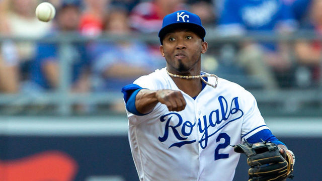 KANSAS CITY, MO - AUGUST 11: Kansas City Royals shortstop Alcides Escobar (2) throws to first base during the MLB interleague game against the St. Louis Cardinals on August 11, 2018 at Kauffman Stadium in Kansas City, Missouri.