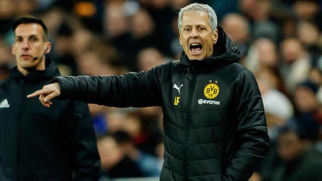 LONDON, ENGLAND - FEBRUARY 13: Head coach Lucien Favre of Dortmund gestures during the UEFA Champions League Round of 16 First Leg match between Tottenham Hotspur and Borussia Dortmund at Wembley Stadium on February 13, 2019 in London, England.