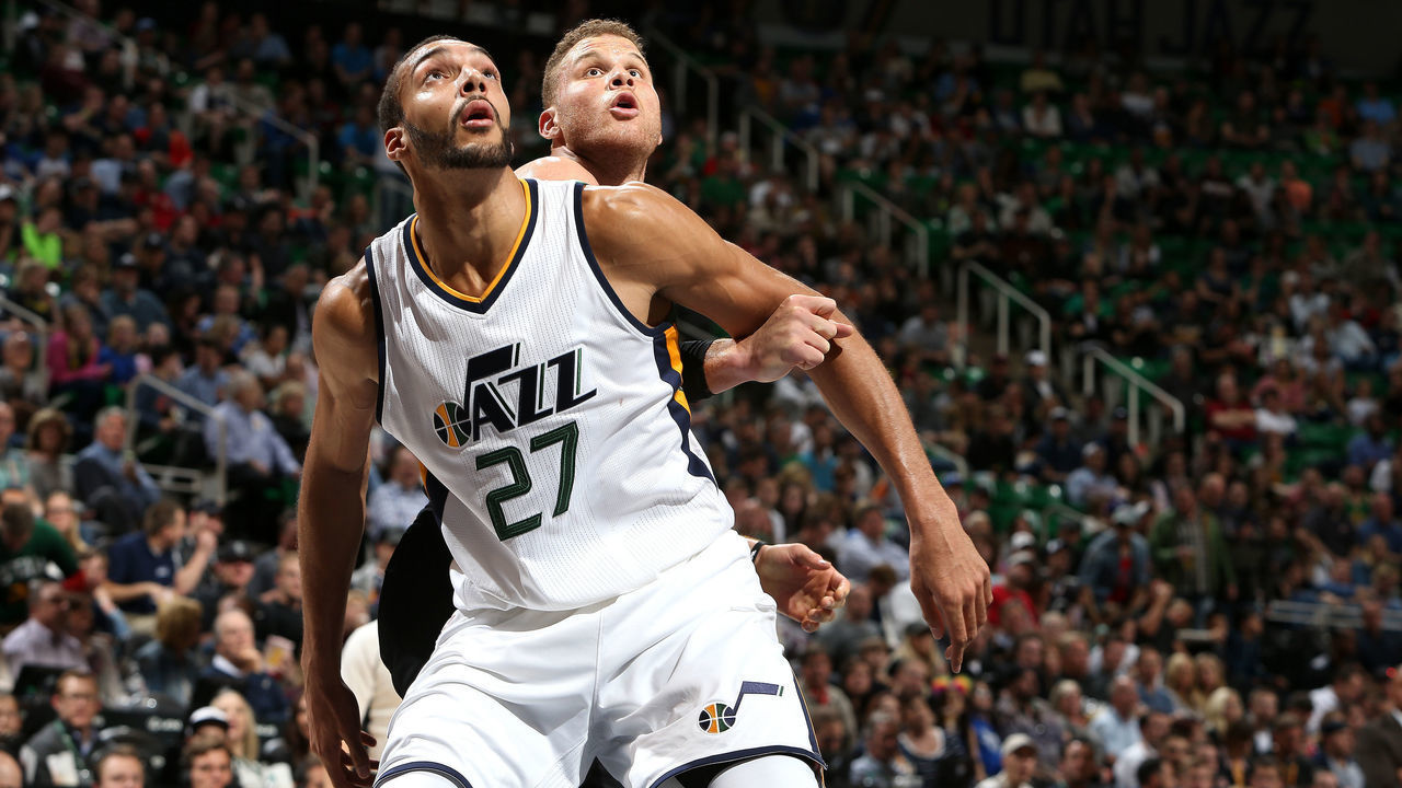SALT LAKE CITY, UT - MARCH 13: Rudy Gobert #27 of the Utah Jazz boxes out against Blake Griffin #32 of the Los Angeles Clippers on March 13, 2017 at EnergySolutions Arena in Salt Lake City, Utah. Mandatory Copyright Notice: Copyright 2017 NBAE