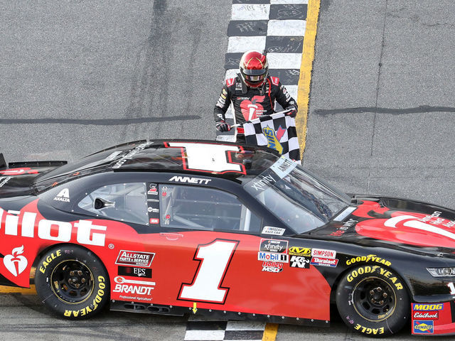 DAYTONA BEACH, FL - FEBRUARY 16: Michael Annett, driver of the #1 Pilot Flying J/American Heart Association Chevrolet, celebrates winning the NASCAR Xfinity Series NASCAR Racing Experience 300 at Daytona International Speedway on February 16, 2019 in Daytona Beach, Florida.